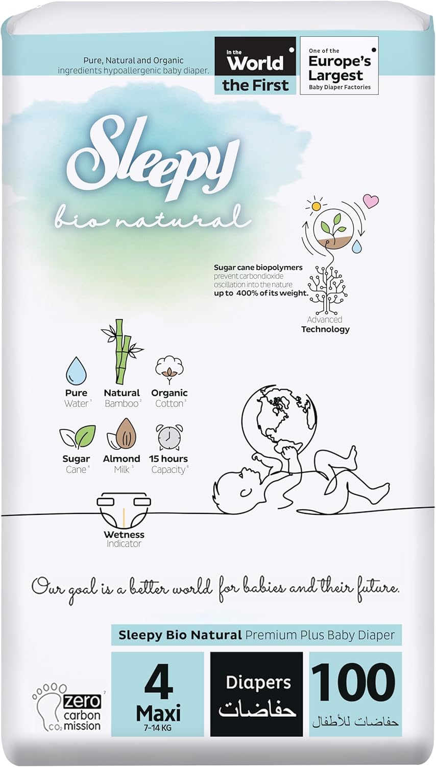 Sleepy Bio Natural Premium Size 4 Diapers | 100 Count | Hypoallergenic Baby Diapers | 7-14Kg | Vegan | 100% Leakproof